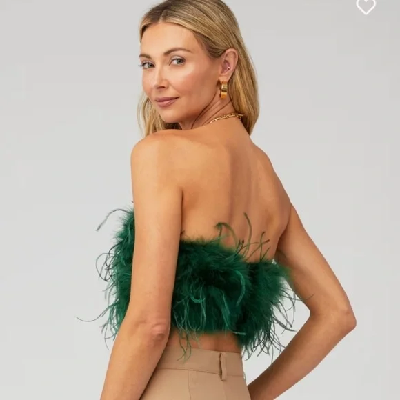 ë biotop Feather top NWT LaMarque Zaina Ostrich‎ Feather BustierTop Bottle Green XS $275